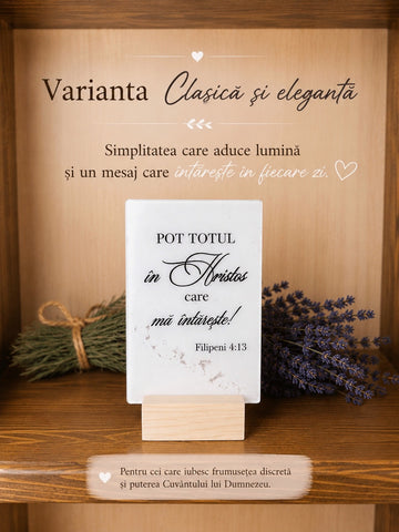 Decorațiune creștină cu verset biblic – „Pot totul în Hristos care mă întărește” | Filipeni 4:13